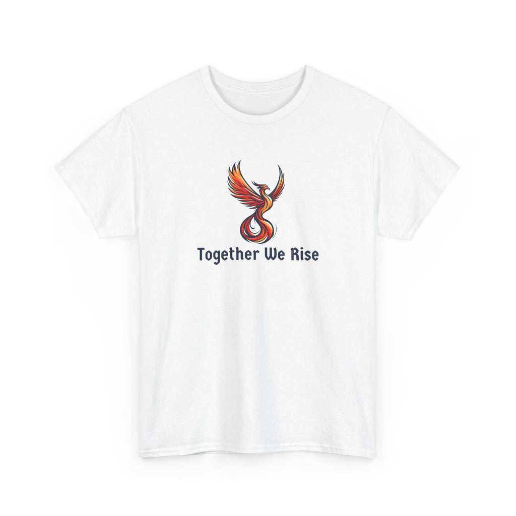 a graphic of a phoenix with wings spread and the text inspirational text 'together we rise'