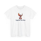 a graphic of a phoenix with wings spread and the text inspirational text 'together we rise'