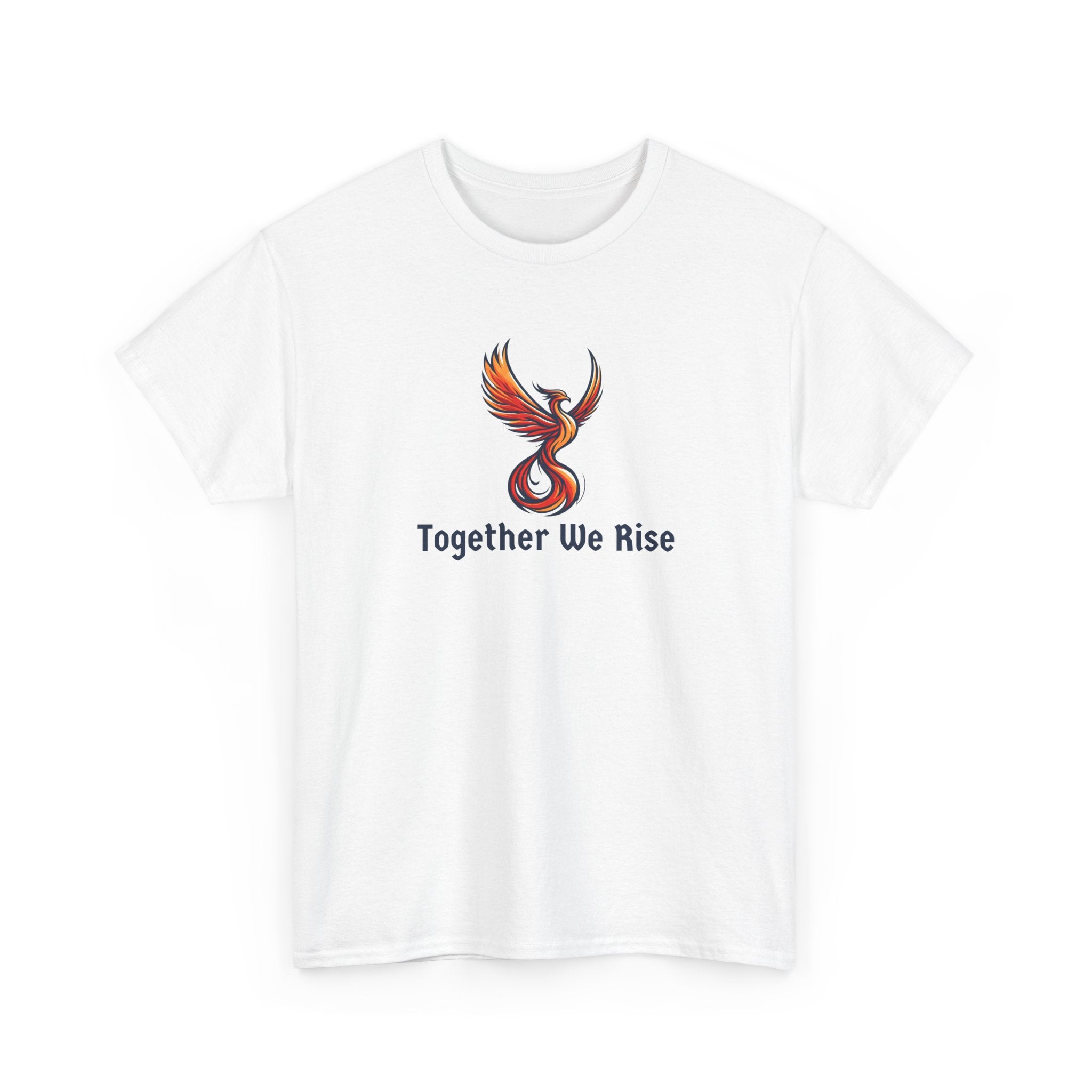 a graphic of a phoenix with wings spread and the text inspirational text 'together we rise'