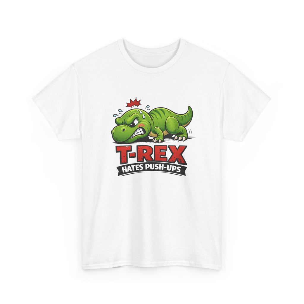 White t-shirt with a green T-Rex graphic and text on a white background