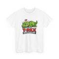 White t-shirt with a green T-Rex graphic and text on a white background