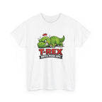 White t-shirt with a green T-Rex graphic and text on a white background