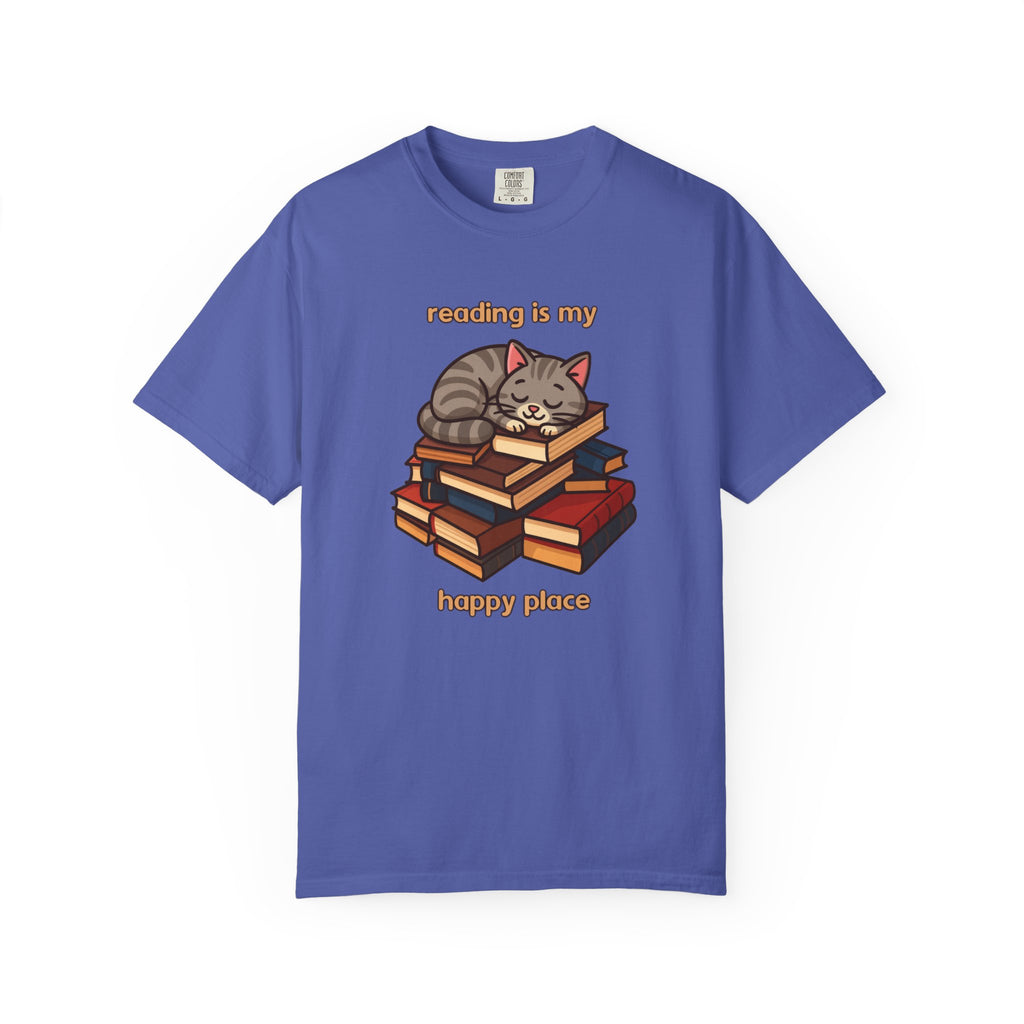 Reading Is My Happy Place T-Shirt — Cute Cat on Books Graphic Tee