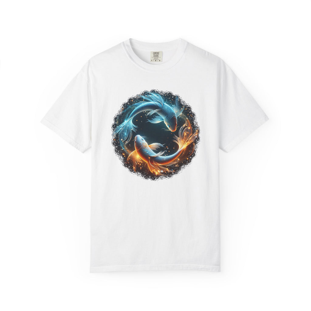 Vibrant yin-yang koi fish illustration featuring glowing blue and gold colors, swirling cosmic energy, and intricate fantasy details.