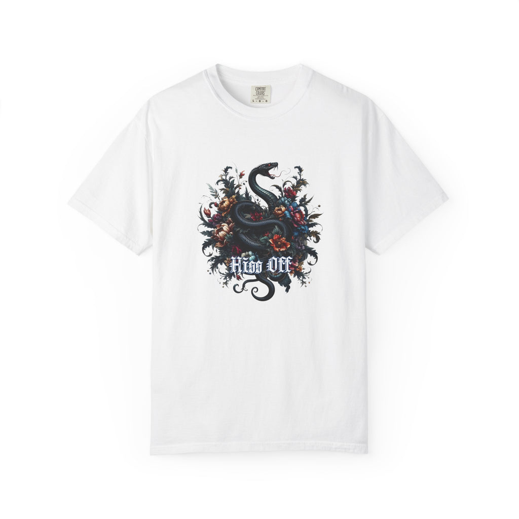 Dark fantasy snake artwork wrapped in swirling floral designs, featuring glowing red eyes and bold gothic text reading ‘Hiss Off’.