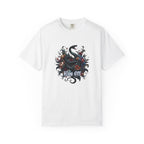Dark fantasy snake artwork wrapped in swirling floral designs, featuring glowing red eyes and bold gothic text reading ‘Hiss Off’.
