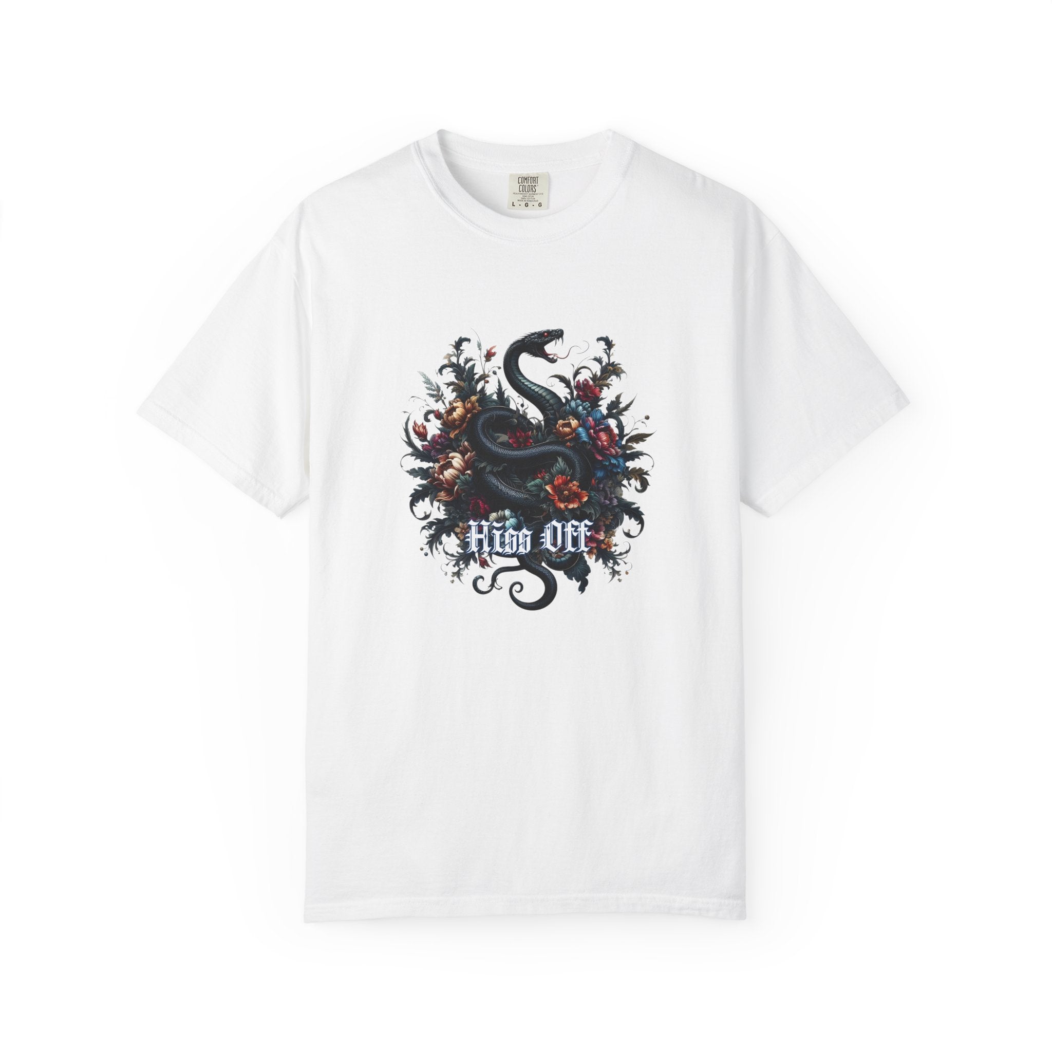 Dark fantasy snake artwork wrapped in swirling floral designs, featuring glowing red eyes and bold gothic text reading ‘Hiss Off’.