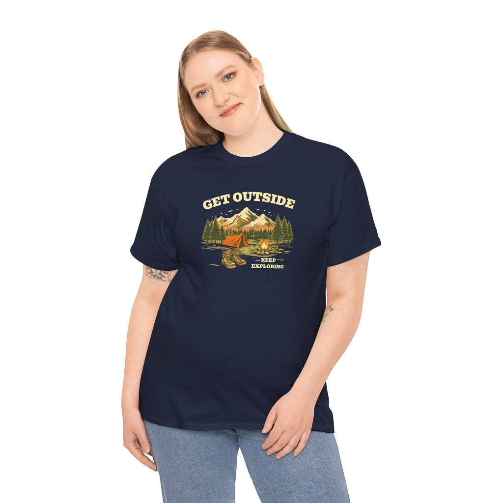 Get Outside Camping T-Shirt — Retro Mountain Tent & Campfire Tee
