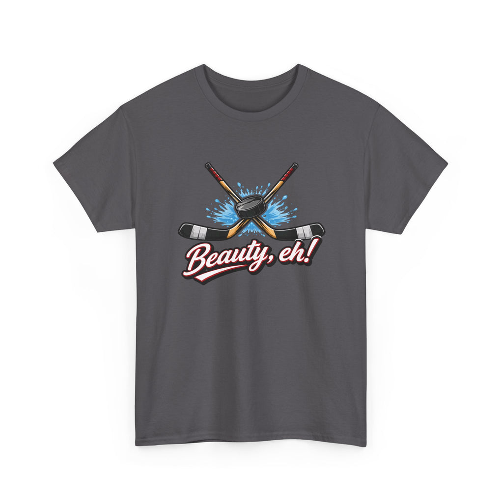 Gray t-shirt with hockey stick design and 'Beauty, eh!' text on a white background