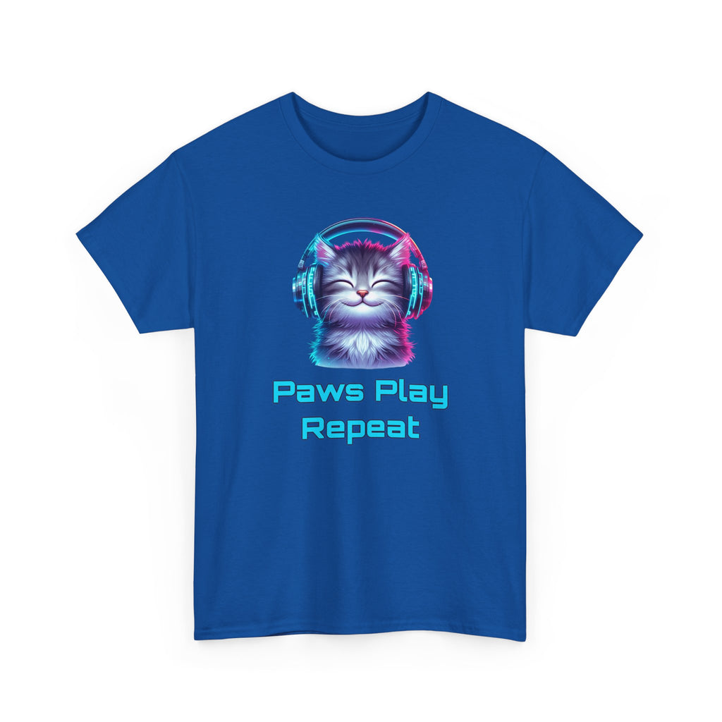 Cat Headphones T-Shirt - "Paws Play Repeat" Cute Music Cat Tee