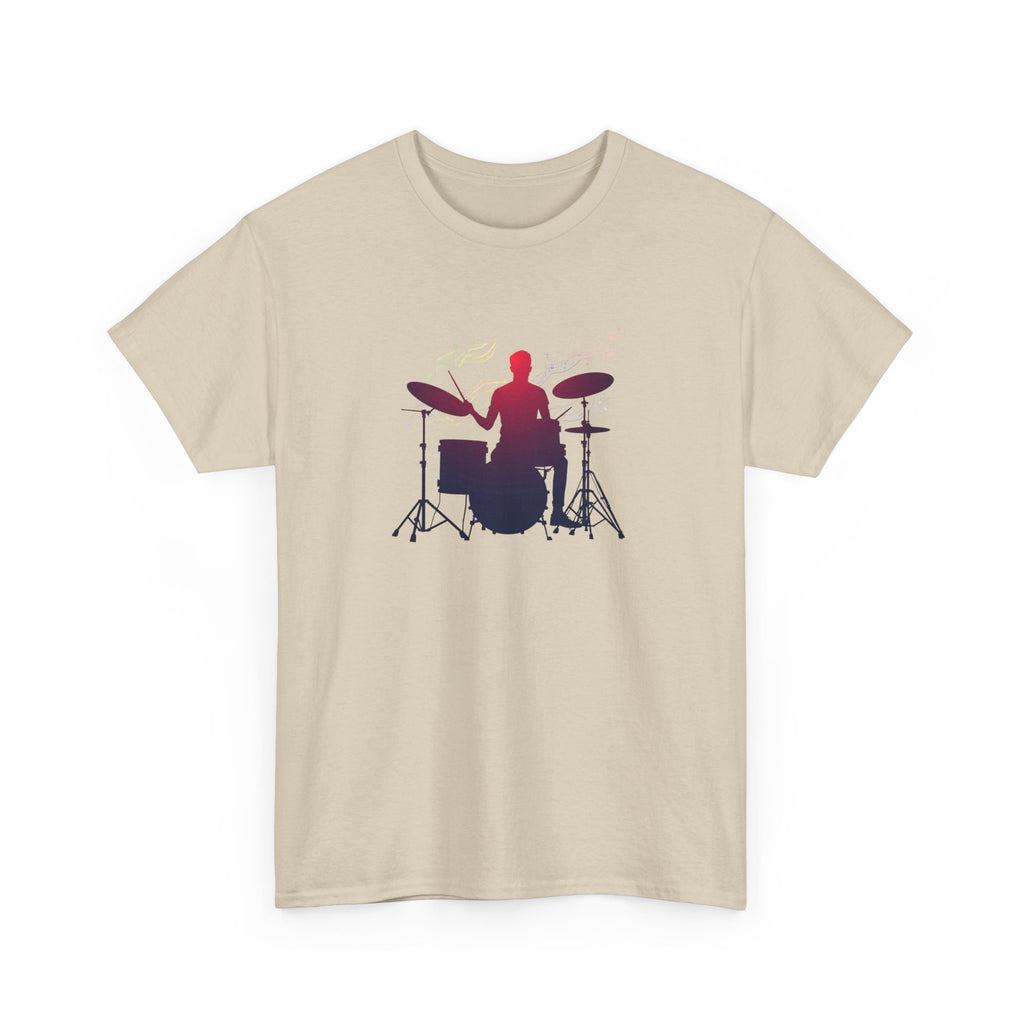 Drummer Silhouette T‑Shirt — Gradient Drum Kit Tee for Musicians & Band Fans