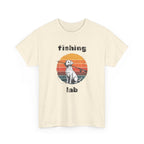Beige t-shirt with a graphic of a dog with a fishing rod in its mouth with retro style sunset and the text 'fishing lab' on a white background