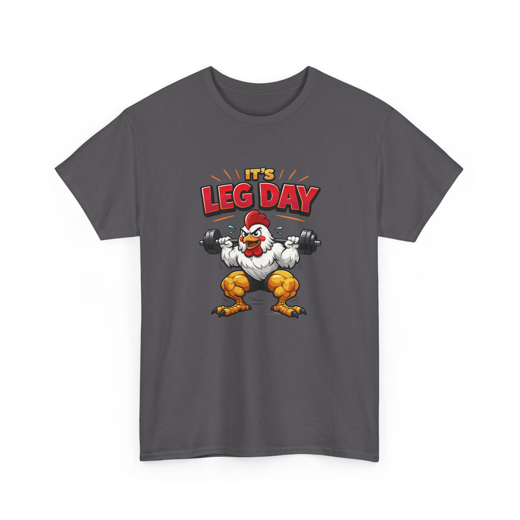 funny gym workout t-shirt with cartoon chicken lifting weights and 'It's Leg Day' text on a white background
