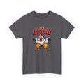 funny gym workout t-shirt with cartoon chicken lifting weights and 'It's Leg Day' text on a white background