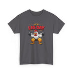 funny gym workout t-shirt with cartoon chicken lifting weights and 'It's Leg Day' text on a white background