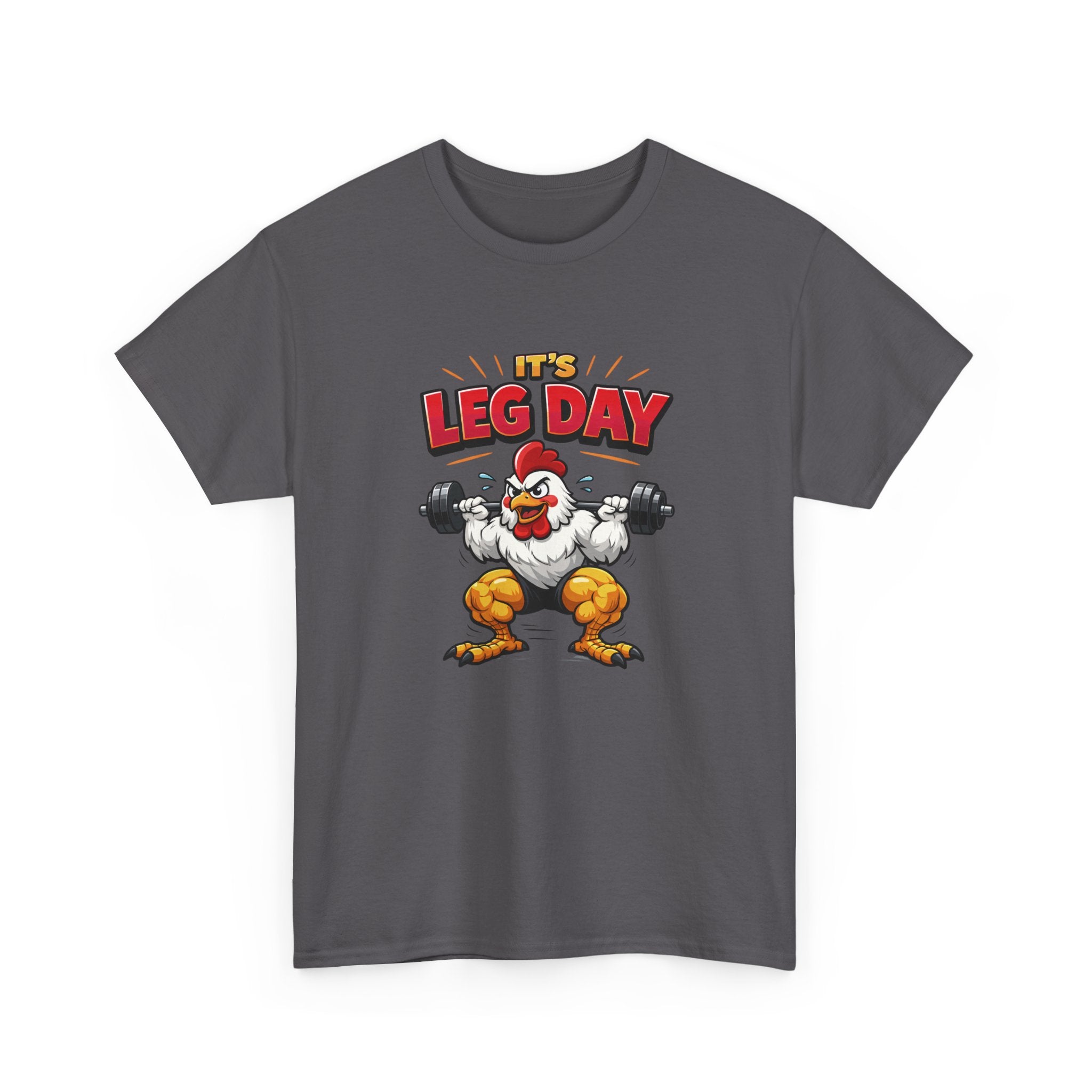 funny gym workout t-shirt with cartoon chicken lifting weights and 'It's Leg Day' text on a white background