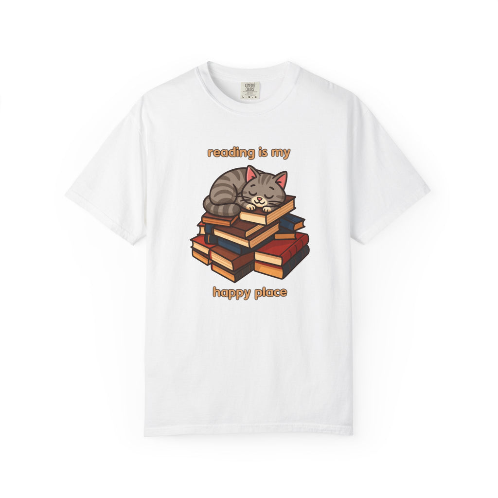 Cute cartoon cat sleeping on a stack of colorful books with the phrase ‘reading is my happy place’ in a cozy, whimsical design.