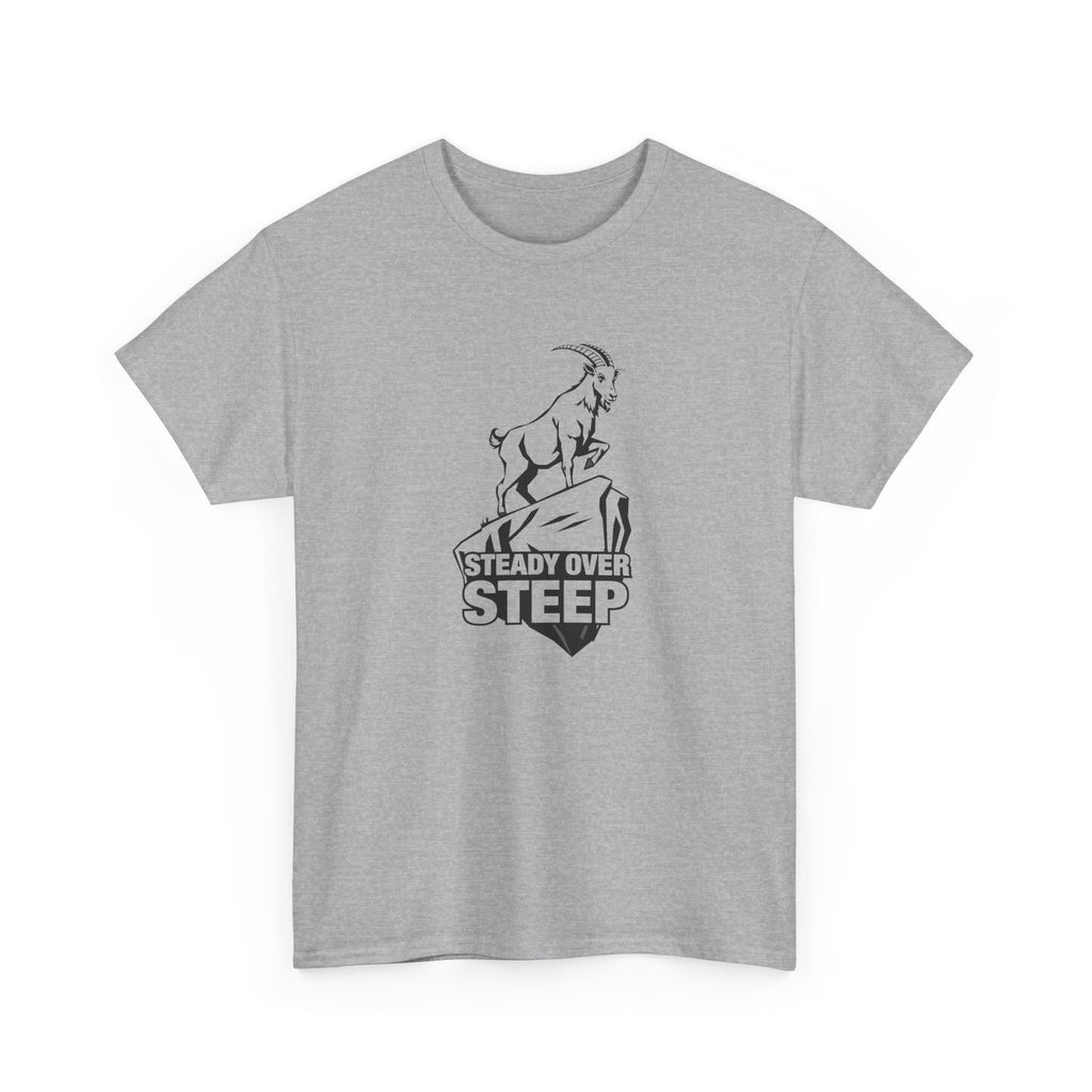Gray t-shirt with a graphic design and text 'steady over steep' on a white background