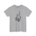 Gray t-shirt with a graphic design and text 'steady over steep' on a white background