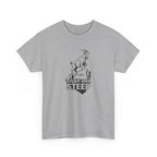 Gray t-shirt with a graphic design and text 'steady over steep' on a white background
