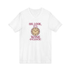 Vintage-style 'Oh, Look, It’s Wine O’Clock!' design featuring a clock with wine glasses as numbers and bold retro lettering.