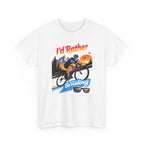 White t-shirt with a bicycle graphic and text 'I'd Rather Be Riding' on a white background