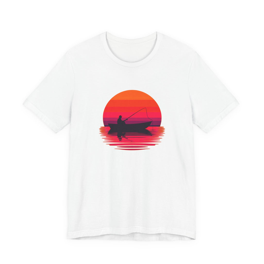 Retro artwork showing a silhouette of a person fishing from a boat over glowing sunset water reflections, with bold pink and orange horizon lines on a black circular background.