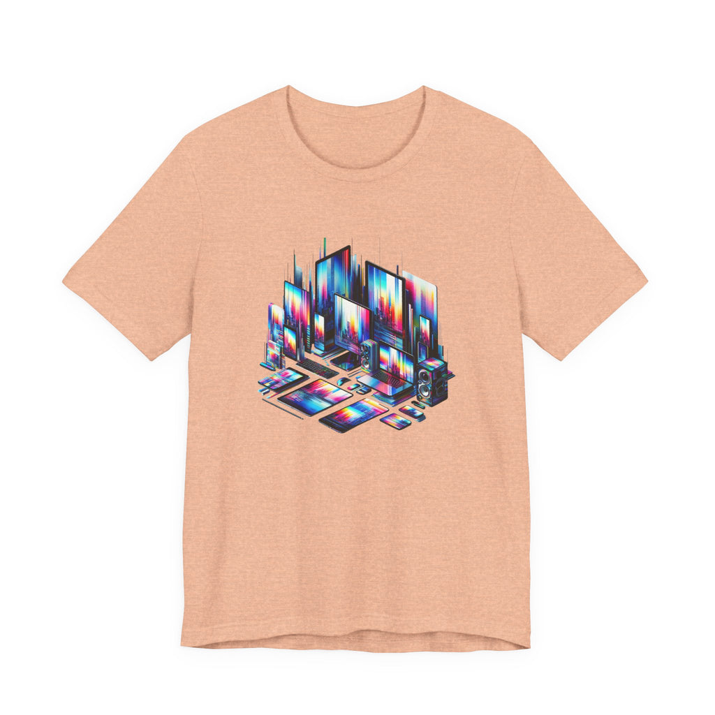 Retro Glitch City T-Shirt — Neon Vaporwave Pixel Tech Devices Tee