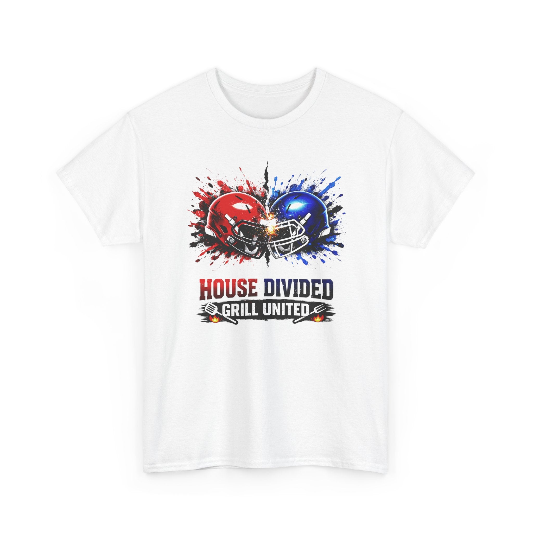 White t-shirt with football helmet design and text 'House Divided Grill United' on a white background