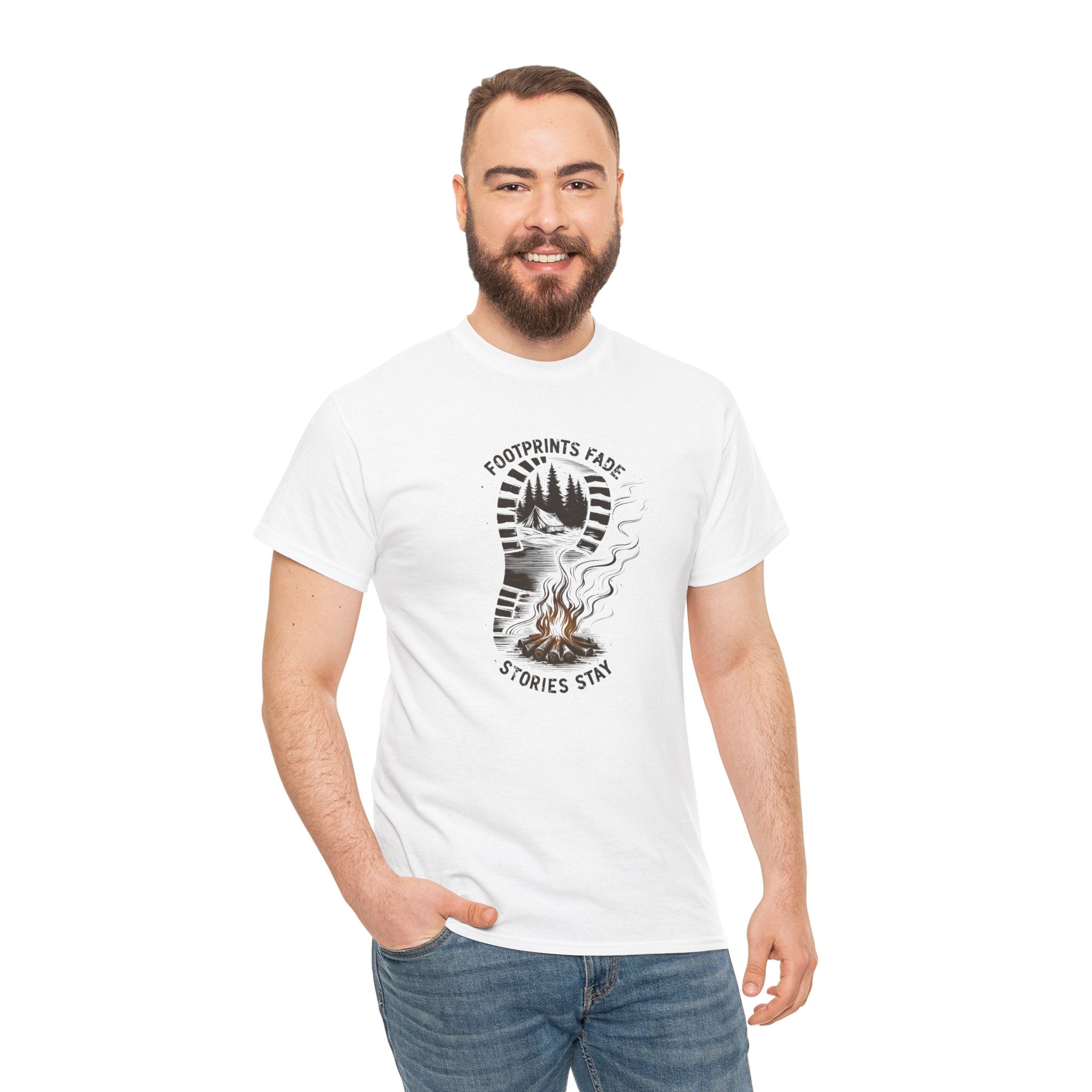 Campfire Adventure Tee — "Footprints Fade, Stories Stay" Outdoor Graphic Shirt