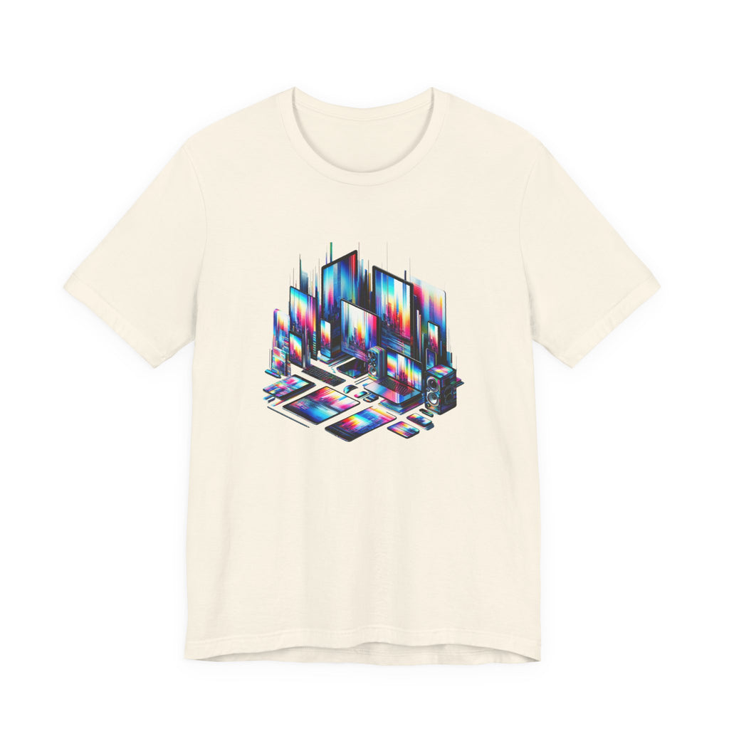 Retro Glitch City T-Shirt — Neon Vaporwave Pixel Tech Devices Tee