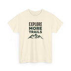 Beige t-shirt with 'Explore More Trails' text and mountain graphic on a white background