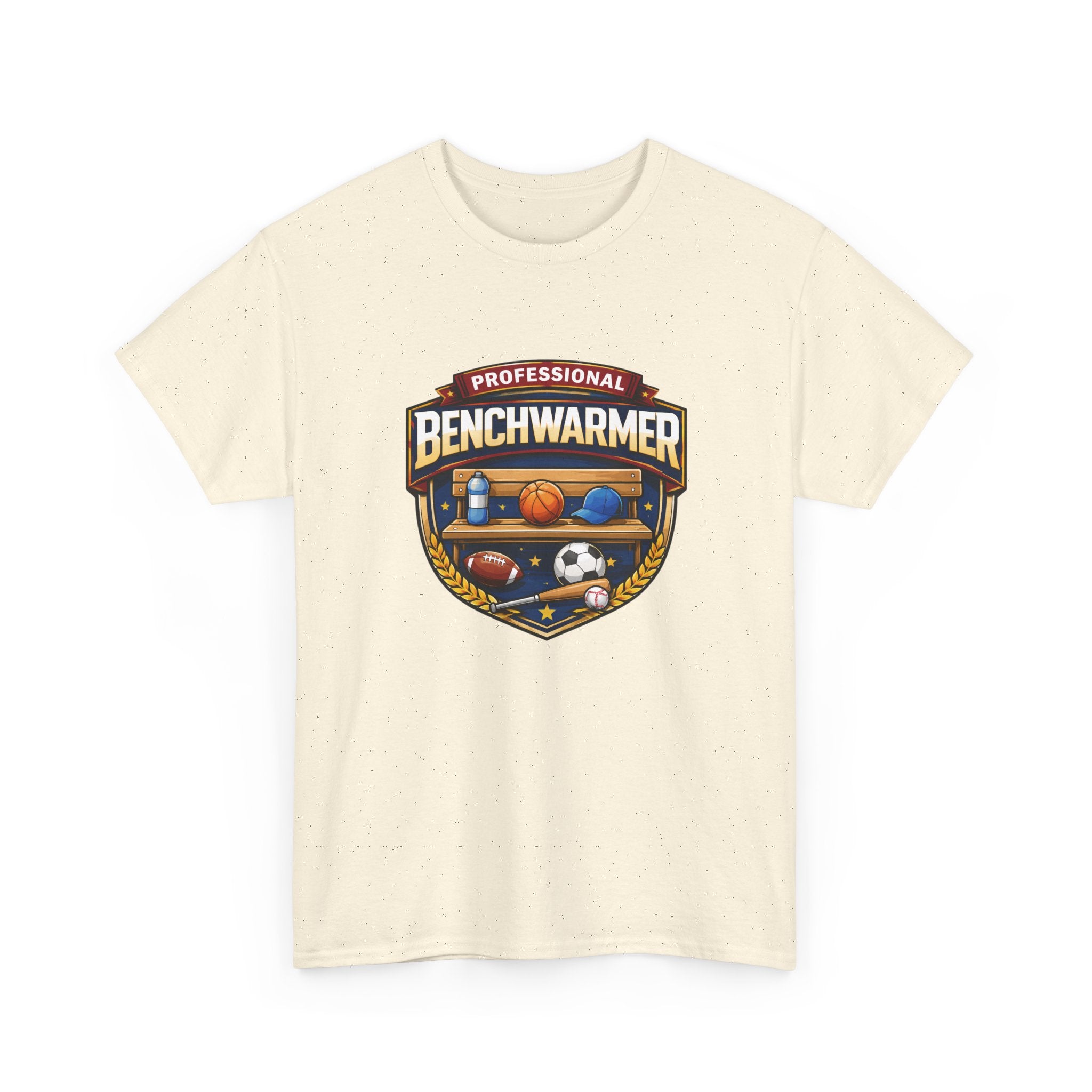 Beige t-shirt with 'Professional Benchwarmer' graphic on a white background