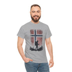 Norway Flag Hiking T‑Shirt – Hiker Silhouette on Rustic Norwegian Flag