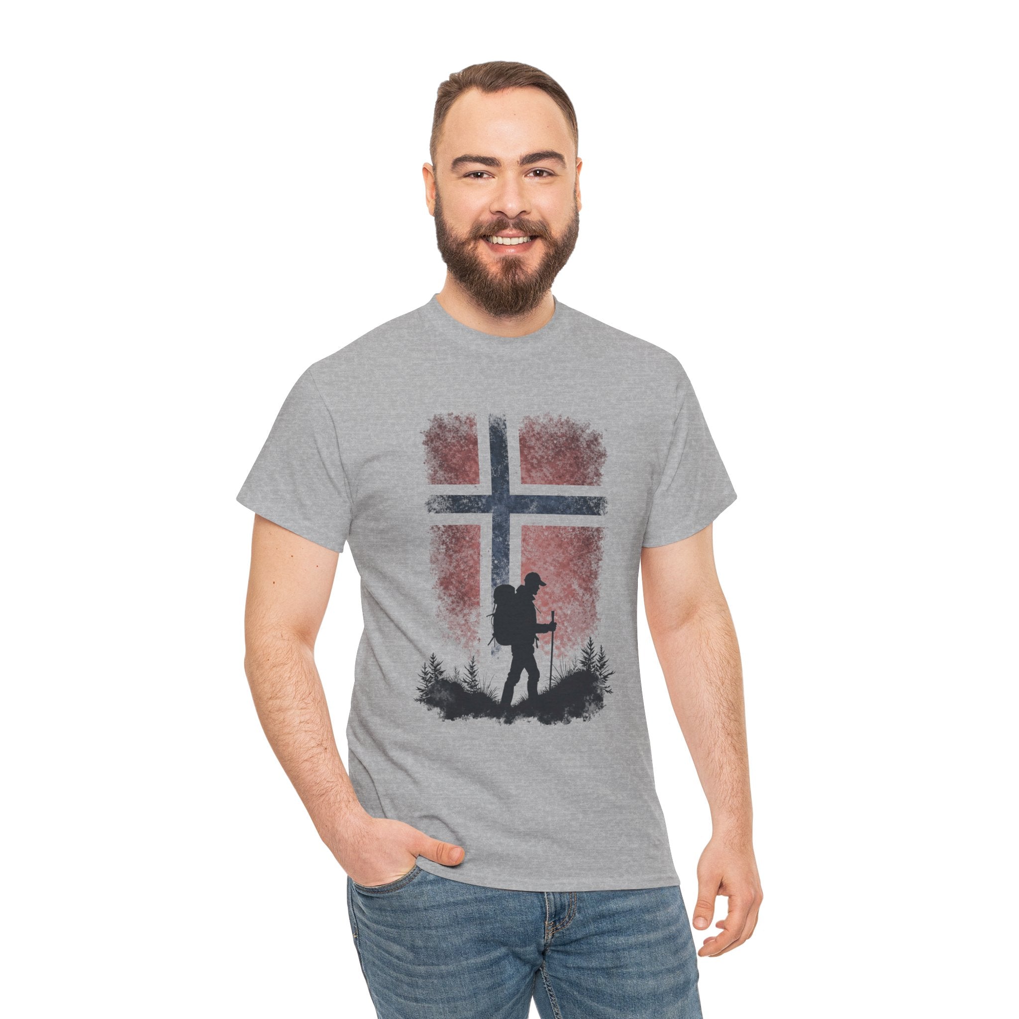 Norway Flag Hiking T‑Shirt – Hiker Silhouette on Rustic Norwegian Flag