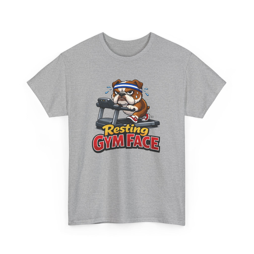 Gray t-shirt with a bulldog on a treadmill graphic and 'Resting Gym Face' text on a white background