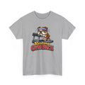 Gray t-shirt with a bulldog on a treadmill graphic and 'Resting Gym Face' text on a white background