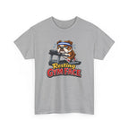 Gray t-shirt with a bulldog on a treadmill graphic and 'Resting Gym Face' text on a white background