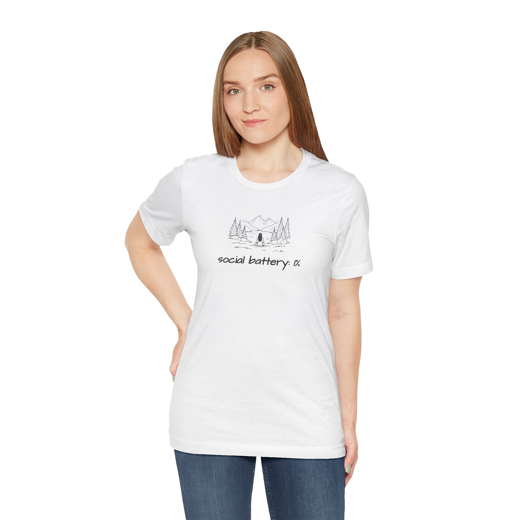 Social Battery Low T-Shirt — Minimal Camping Nature Graphic Introvert Tee