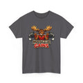 Gray t-shirt with a moose lifting weights and 'Moose-Cle Gains' text on a white background