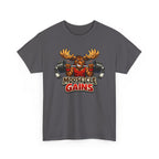 Gray t-shirt with a moose lifting weights and 'Moose-Cle Gains' text on a white background