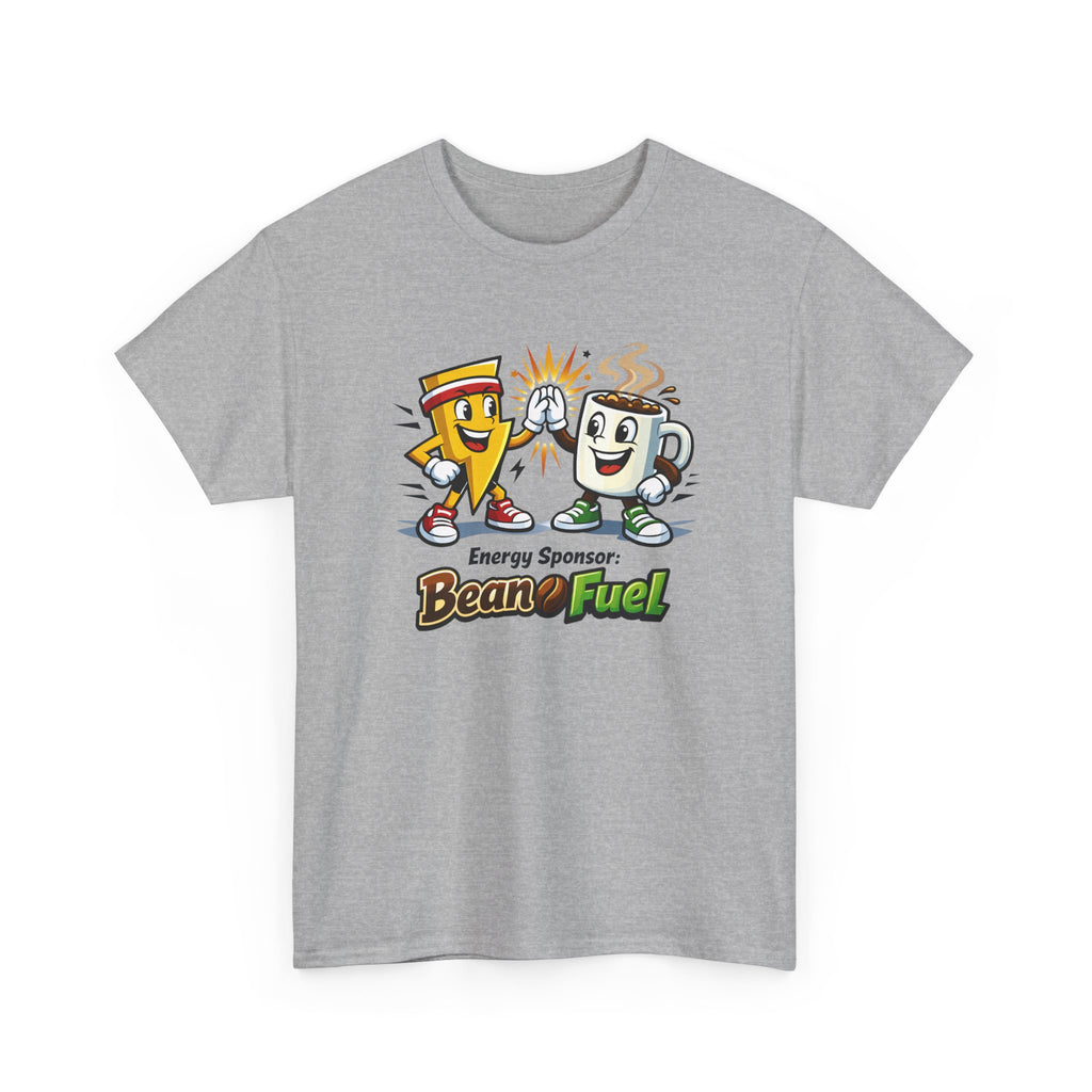 Athletic Energy T-Shirt — 'Energy Sponsor Bean Fuel' Coffee & LIghtning Cartoon Graphic Tee