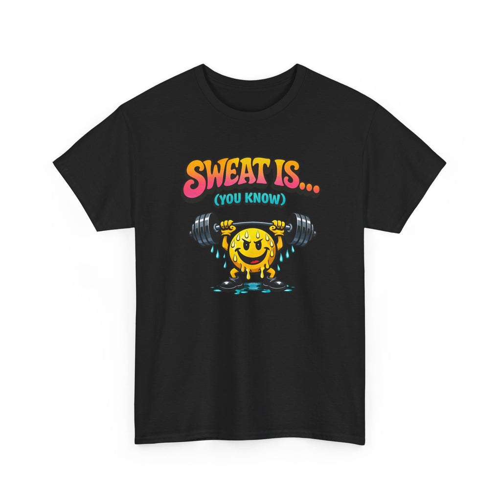 retro black t-shirt with colorful graphic and text on a white background