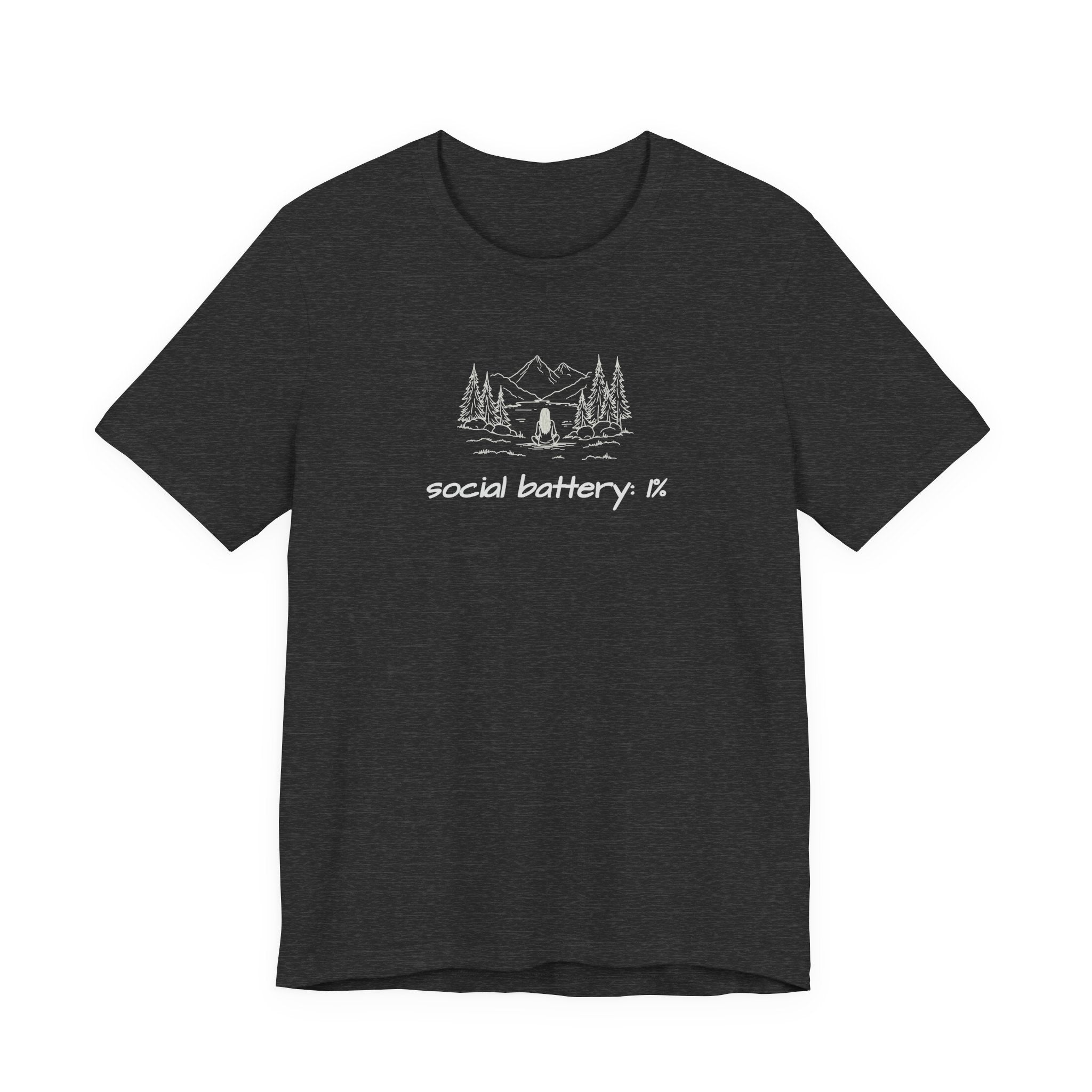 Social Battery Low T-Shirt — Minimal Camping Nature Graphic Introvert Tee