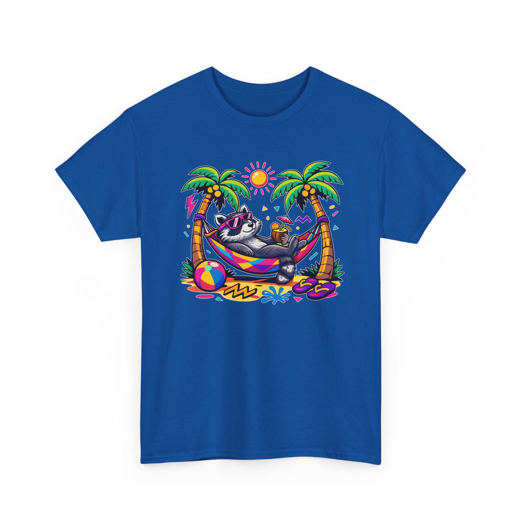 a colorful graphic of a raccoon lounging in a hammock between palm trees by the beach