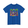 a colorful graphic of a raccoon lounging in a hammock between palm trees by the beach
