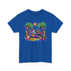 a colorful graphic of a raccoon lounging in a hammock between palm trees by the beach