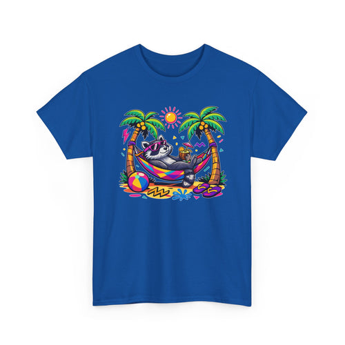 a colorful graphic of a raccoon lounging in a hammock between palm trees by the beach