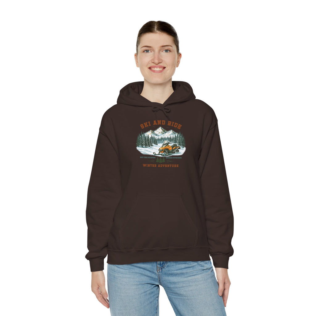 Snowmobile Ski and Ride Hoodie — Vintage Mountain Winter Adventure Pullover