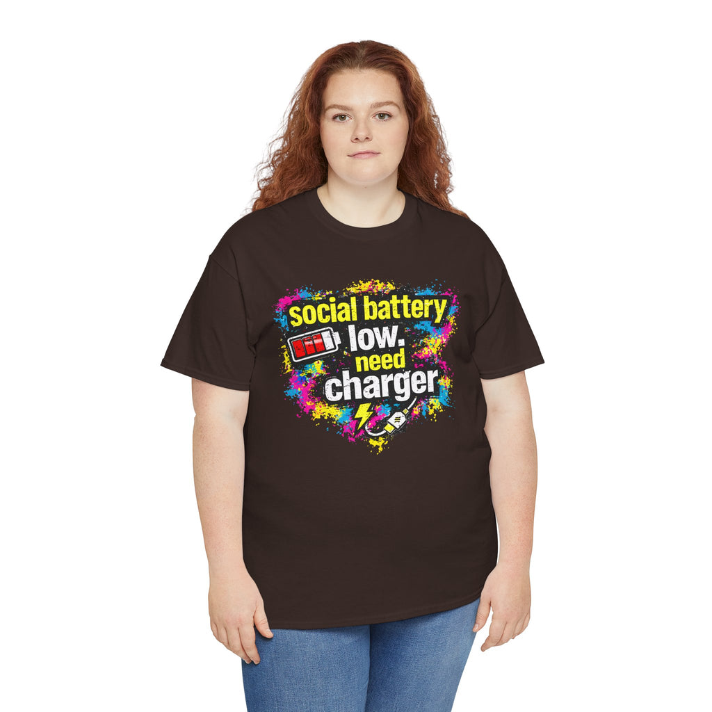 Social Battery Low Need Charger T-Shirt — Funny Sarcastic Introvert Graphic Tee